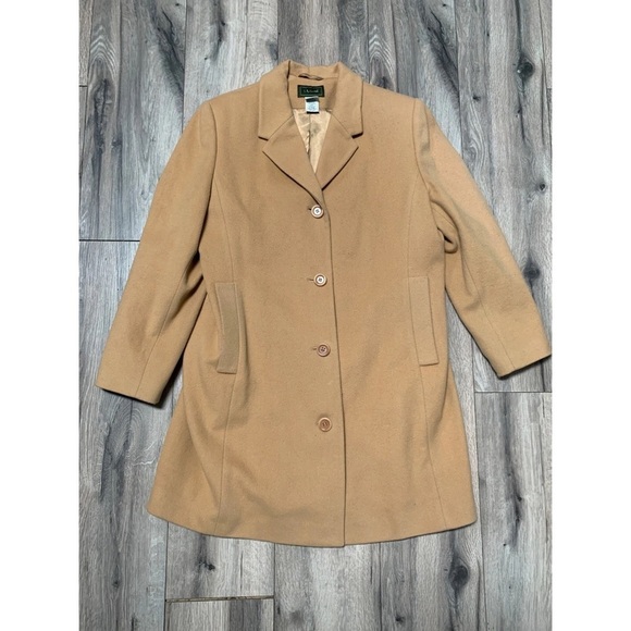 LL Bean Cashmere Wool Blend Coat Womens 4 Tan Collared Button Up Pockets Lined - Picture 1 of 3